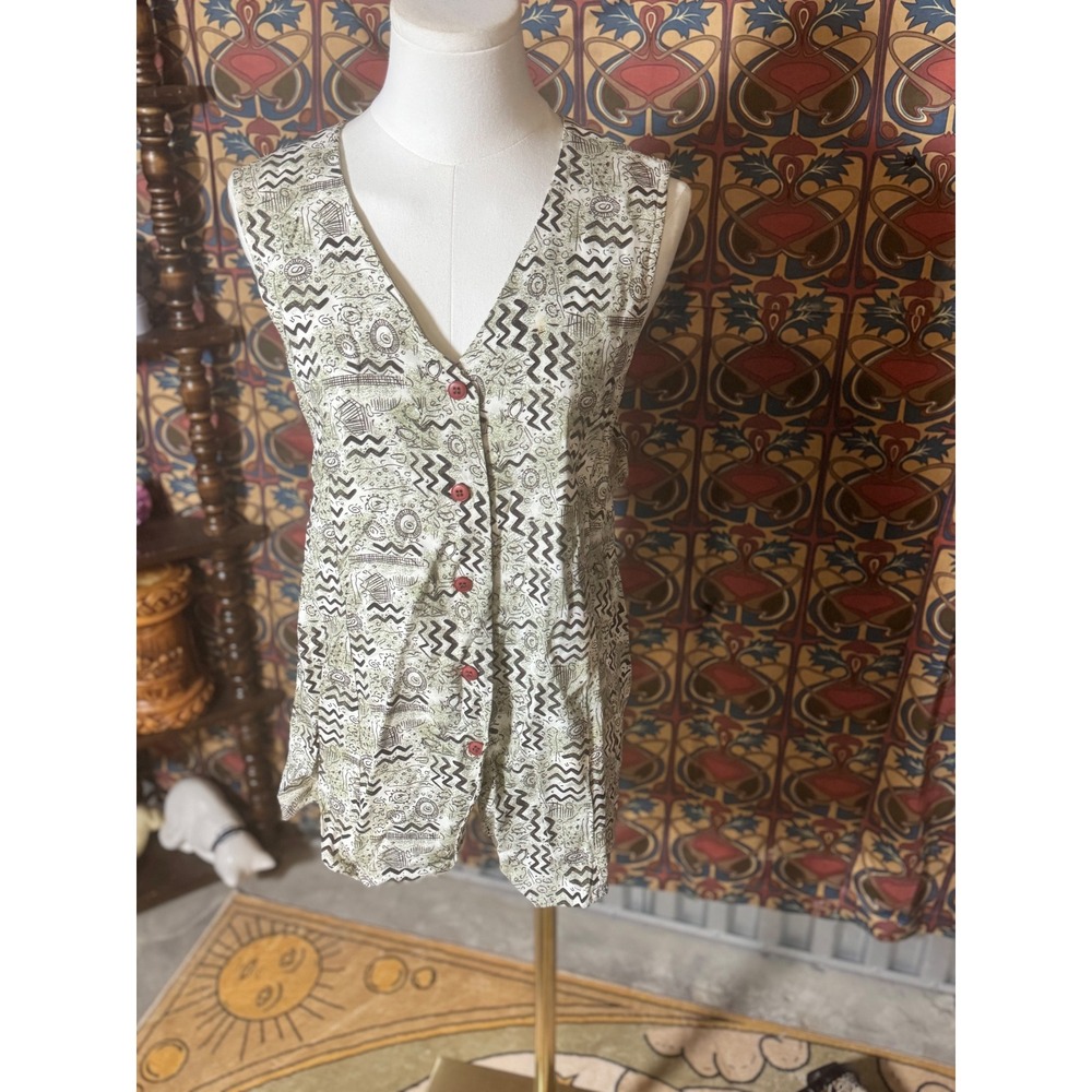Hunt Club Sleeveless Vest Abstract Print Button Down Casual‎ Top Large